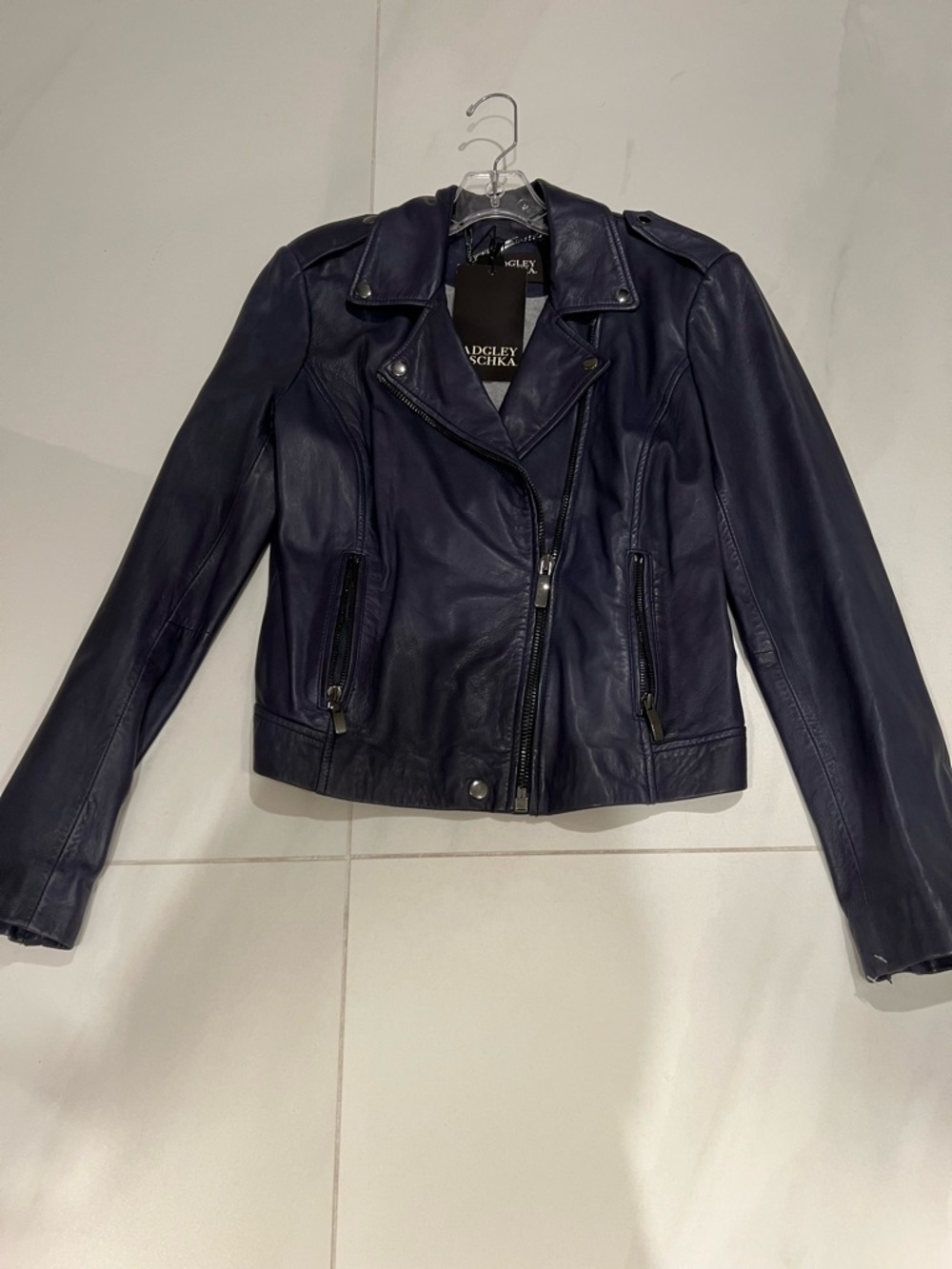 Badgley Mischka Navy Leather Moto Jacket